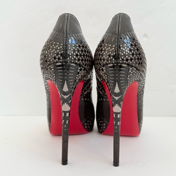 Christian Louboutin Black Patent leather Laser cutout Sullena peep toe pumps 38 - Picture 5 of 9